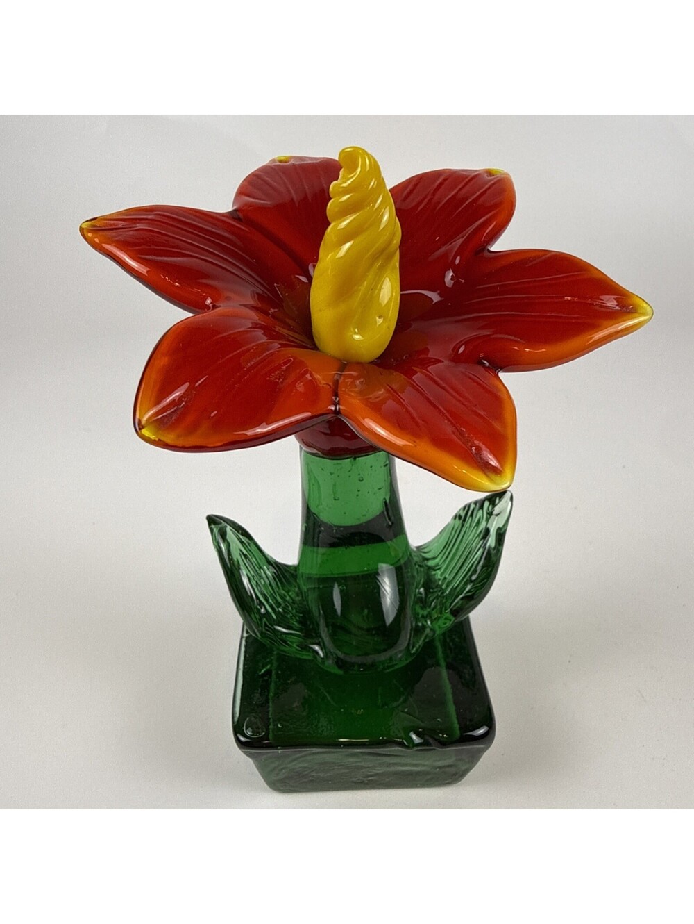 Murano Style Art Glass Flower Figurine Red Orange Yellow Stamen Hibiscus 6x4"